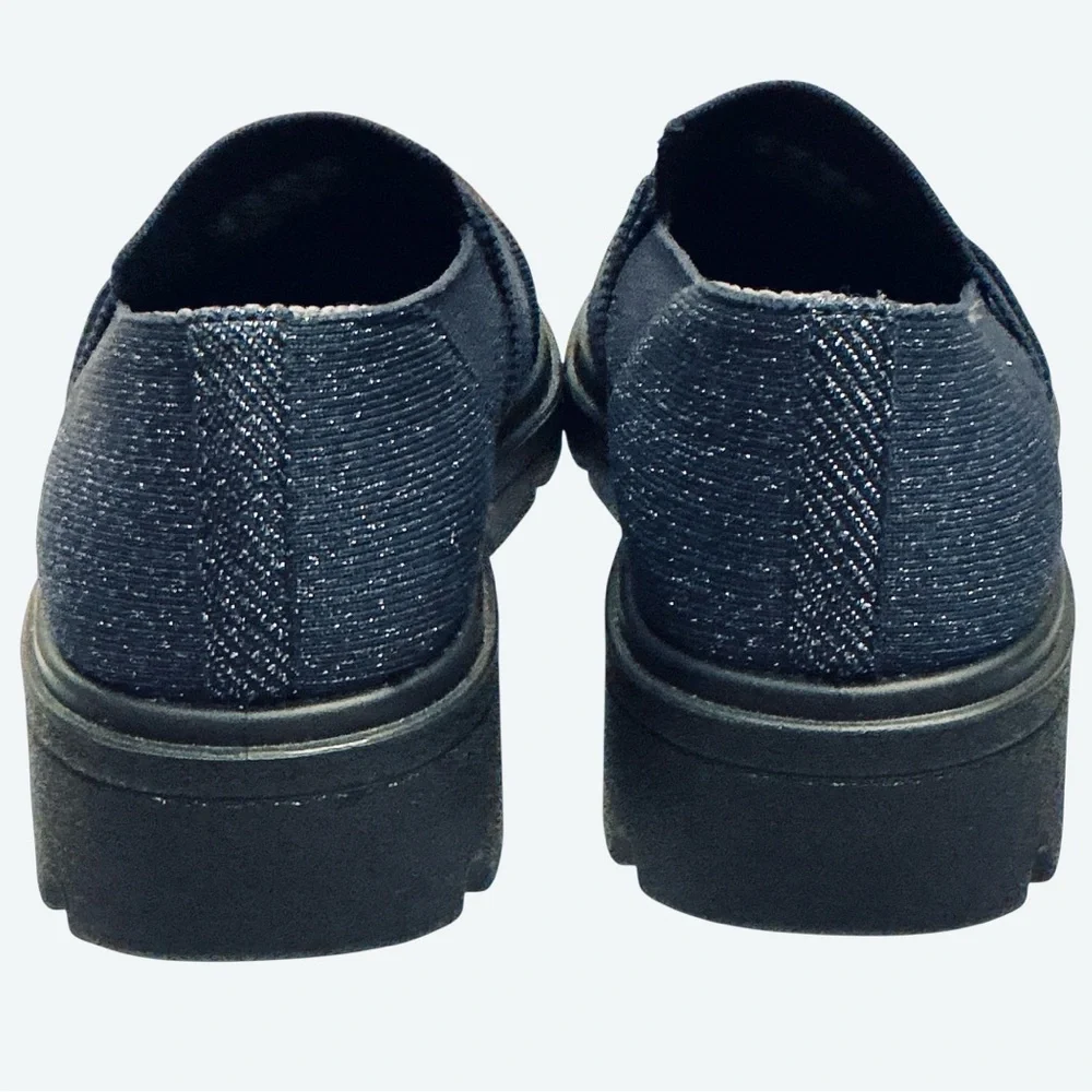 BZEES for LifeStride Muse Bow Sz 7 WIDE Loafers Blue Knit Sparkle Chunky Slip-on